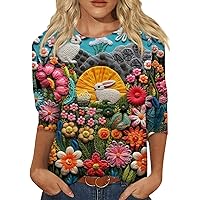 Easter Tops for Women Trendy,Women's 3/4 Sleeve Length Easter Egg and Bunny Printed Top Crew Neck Slim Fit Boho Blouse