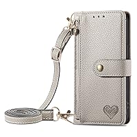 Wallet Case Compatible with Oppo Find X5 Lite, RFID Blocking Zipper Pocket Purse Love PU Leather Kickstand Wrist Phone Case with Adjustable Crossbody Lanyard (Grey)