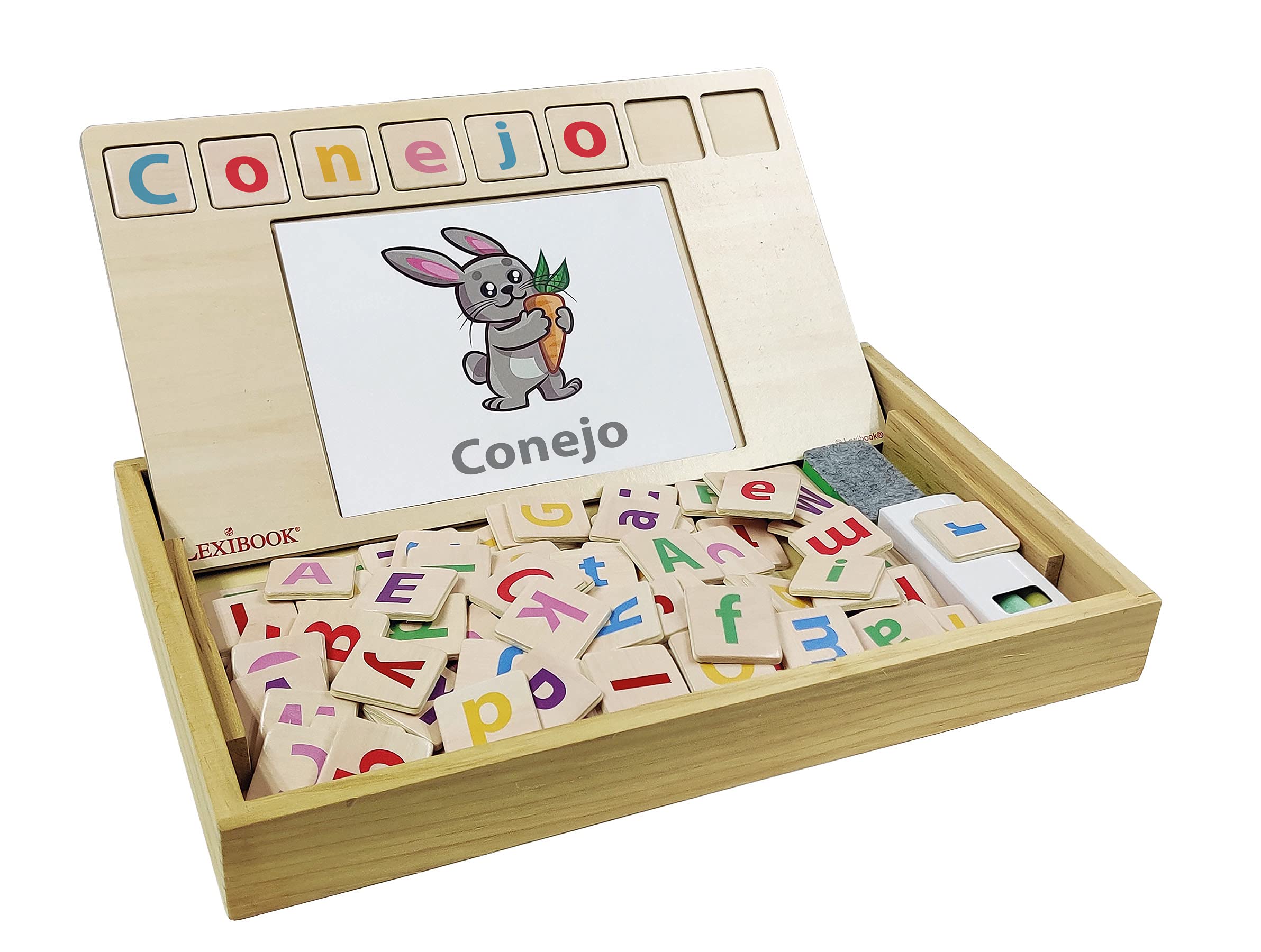 LEXIBOOK EDU100i2 Bio Toys School, Bilingual Spanish/English, Wooden, 50 Word Cards, Alphabet, Educational Game