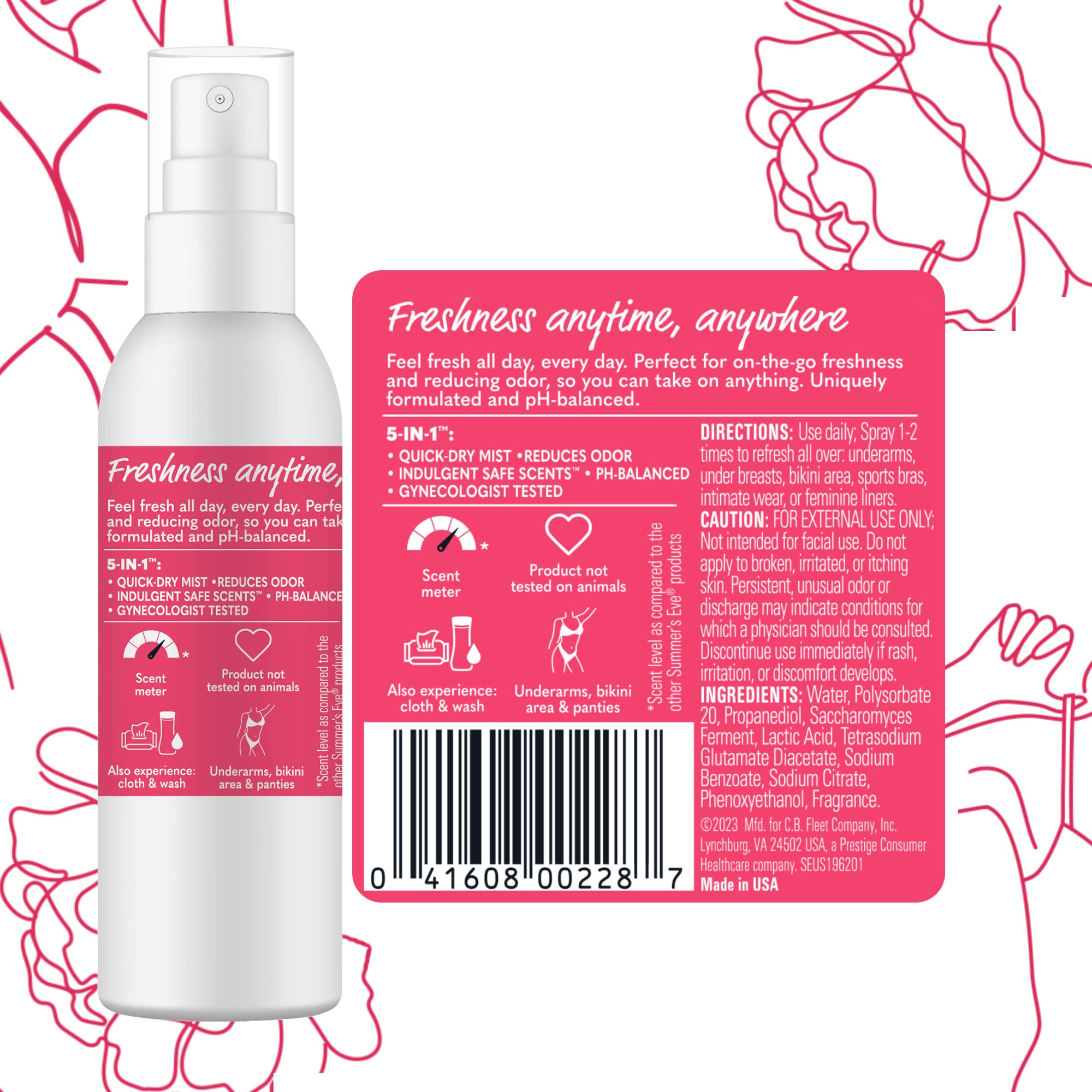 Summer’s Eve Refresher Mist, Feminine Spray Reduces Odor, Blissful Escape, Body Spray for Women, 1.89 Oz Bottle