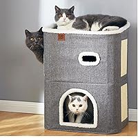 2-Storey Cat House for Indoor Cats Bed, Covered Cat Beds & Furniture with Scratch Pad and Hideaway Cave, Cute Modern Cat Condo for Multi Small Pet Large Kitten Kitty, Grey