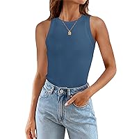 ZESICA Womens 2024 Summer Sleeveless Tank Tops Ribbed High Neck Racerback Slim Fitted Color Block Casual Shirts