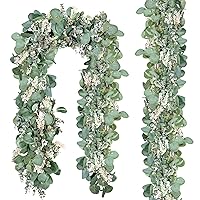 Ouddy Decor 2 Pack Eucalyptus Garland Total 13.1 Ft Lush Silver Dollar Eucalyptus Leaves with White Buds Boxwood Artificial Greenery Garland Vines for Baby Shower Wedding Table Runner Mantle Decor