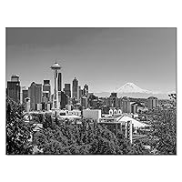 uoppoum Seattle Skyline Wall Art, Canvas Prints Mount Rainier Picture Washington Cityscape Wall Decor for Office Bedroom Decoration Painting Poster with Frame Ready to Hang(16x12 inches)