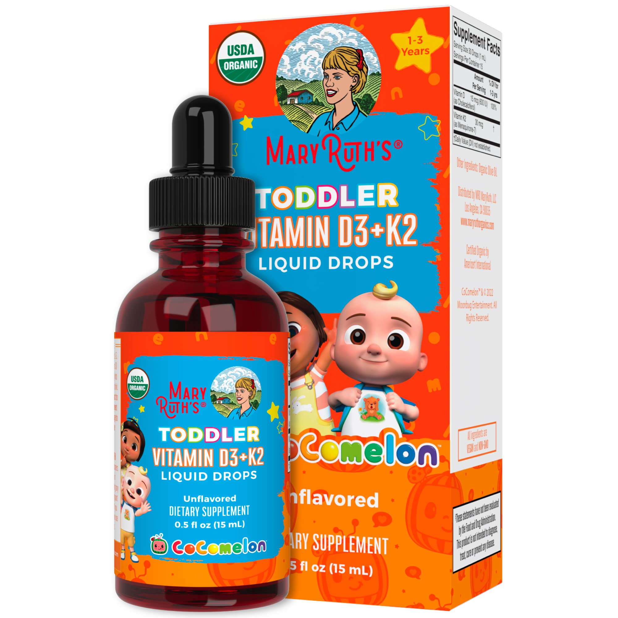 USDA Organic Cocomelon Elderberry Syrup for Toddlers & Cocomelon Vitamin D3 K2 Liquid Drops for Toddler Bundle by MaryRuth's | Immune Support | Calcium Absorption | Strong Bones | Vegan | Gluten Free