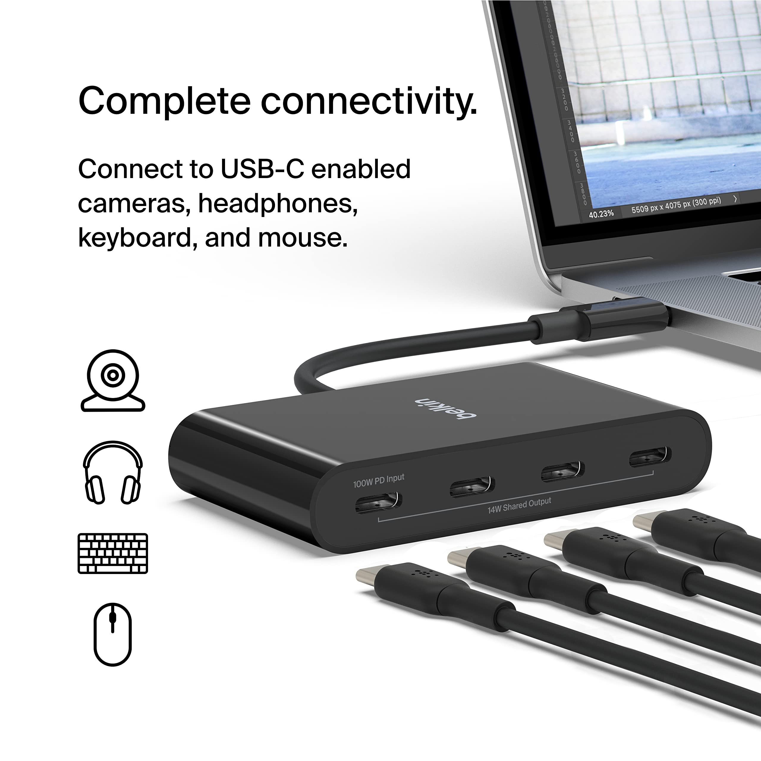 Belkin Connect USB-C™ to 4-Port USB-C Hub, Multiport Adapter Dongle with 4 USB-C 3.2 Gen2 Ports & 100W PD with Max 10Gbps High Speed Data Transfer for MacBook, iPad, Chromebook, PC, and More