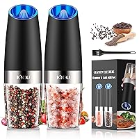 XinXu Gravity Automatic Pepper and Salt Mill, Stainless Steel, Adjustable Coarseness with Blue LED Light, One Hand Operated, Come with Brush, Gift Ideal for Housewarming, Black