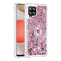 Shockproof Case for Samsung Galaxy A42 5G,Glitter Bling Shine Diamond Heart Rainbow Quicksand Transparent TPU Shell with Rotating Finger Ring Kickstand