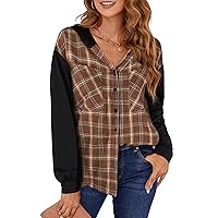 Blooming Jelly Womens Plaid hooded Flannel Shirts Long Sleeve Hoodies Shacket Button Down Oversized Color Block Fall Tops