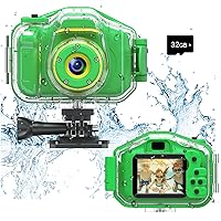 Kids Waterproof Camera Toys for 3-12 Year Old Boys Girls Christmas Birthday Gifts HD Children's Digital Action Camera Child Underwater Sports Camera 2Inch Screen with 32GB Card (Green)