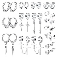THUNARAZ 14Pairs Earrings for Men Black/Silver Stainless Steel Fashion Cross Dangle Hoop Stud Earrings Men Jewelry Set