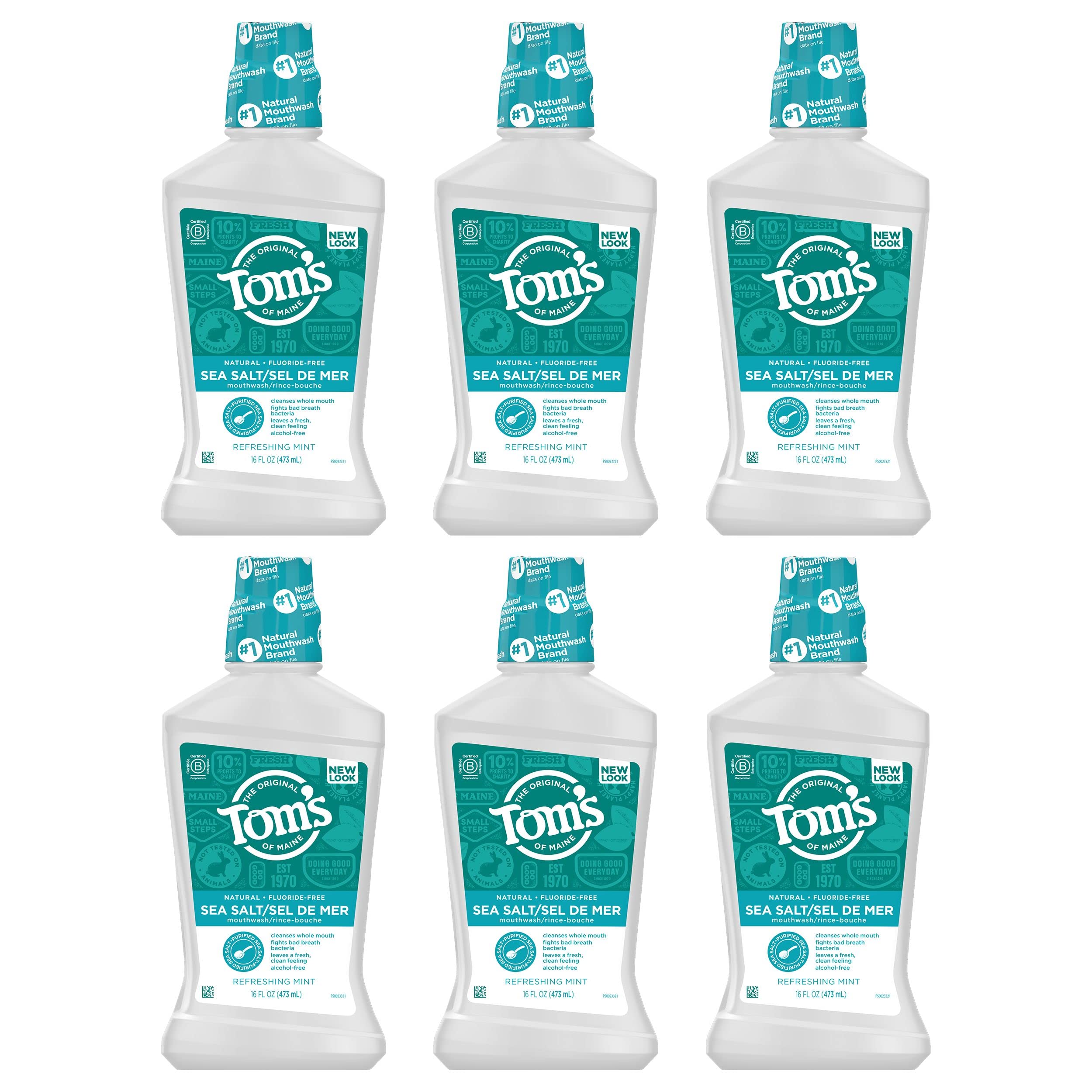 Tom's Of Maine Sea Salt Natural Alcohol-Free Mouthwash, Refreshing Mint, 16 oz. 6-Pack (Packaging May Vary)