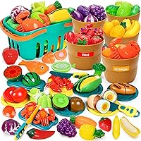 Play Food Set for Kids Kitchen- 68 Pcs Pretend Kitchen Food Toy for Toddlers, Cutting & Color Sorting Fake Food/ Fruit/ Vegetable Accessories, Birthday Gifts for 2 3 4 5 Years Old Boys Girls