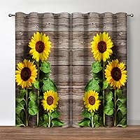Jekeno Sunflower Blackout Curtains, Rustic Wood Floral Country Curtain, Farmhouse Barn Wood Theme Decor for Bedroom Living Room Darkening Grommet Window Drapes, 52 Wide 84 Long inches, 2 Panels