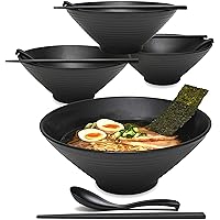 4 Sets (12 Piece) 57 Ounce Large Japanese Ramen Noodle Soup Bowl Melamine Hard Plastic Dishware Ramen Bowl Set with Matching Spoon and Chopsticks for Udon Soba Pho Asian Noodles (4, Black, 9 inches)