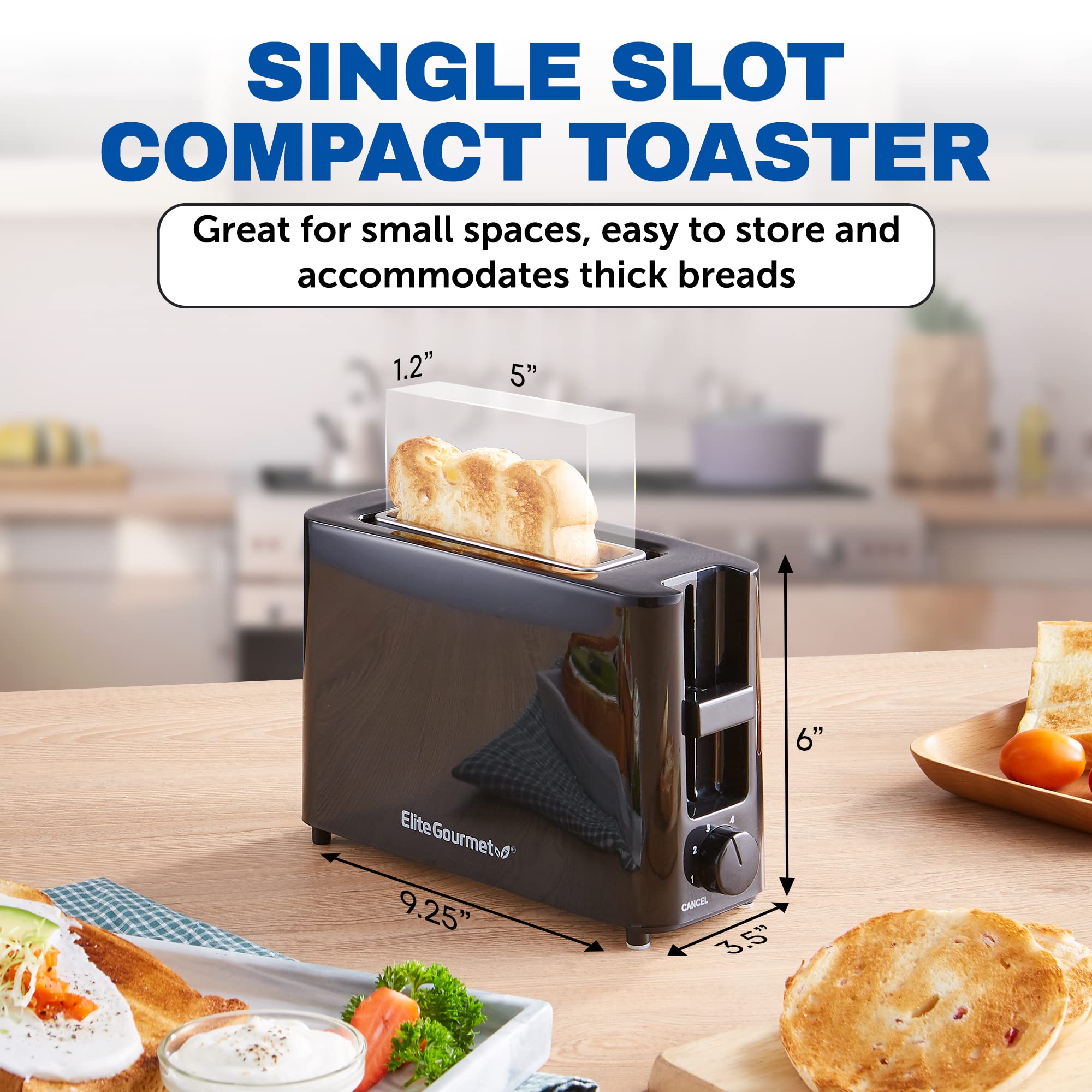 Elite Gourmet ECT118B Cool Touch Single Slice Toaster, 6 Toasting Levels & Wide Slot for Bagels, Waffles, Specialty Breads, Pastry, Snacks, Black