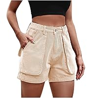 Elastic Waist Cargo Shorts Women Denim Short Pants Summer Casual Hiking Shorts Solid Cargo Jeans Shorts with Pocket