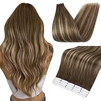 Fshine Hair Extensions Double Sided Tape In Hair Extensions Human Hair Extensions Balayage Ombre Hair Color 4 Fading to 24 Honey Blonde Highlight 4 Medium Brown Tape In Remy Hair 50 Grams 14 Inch