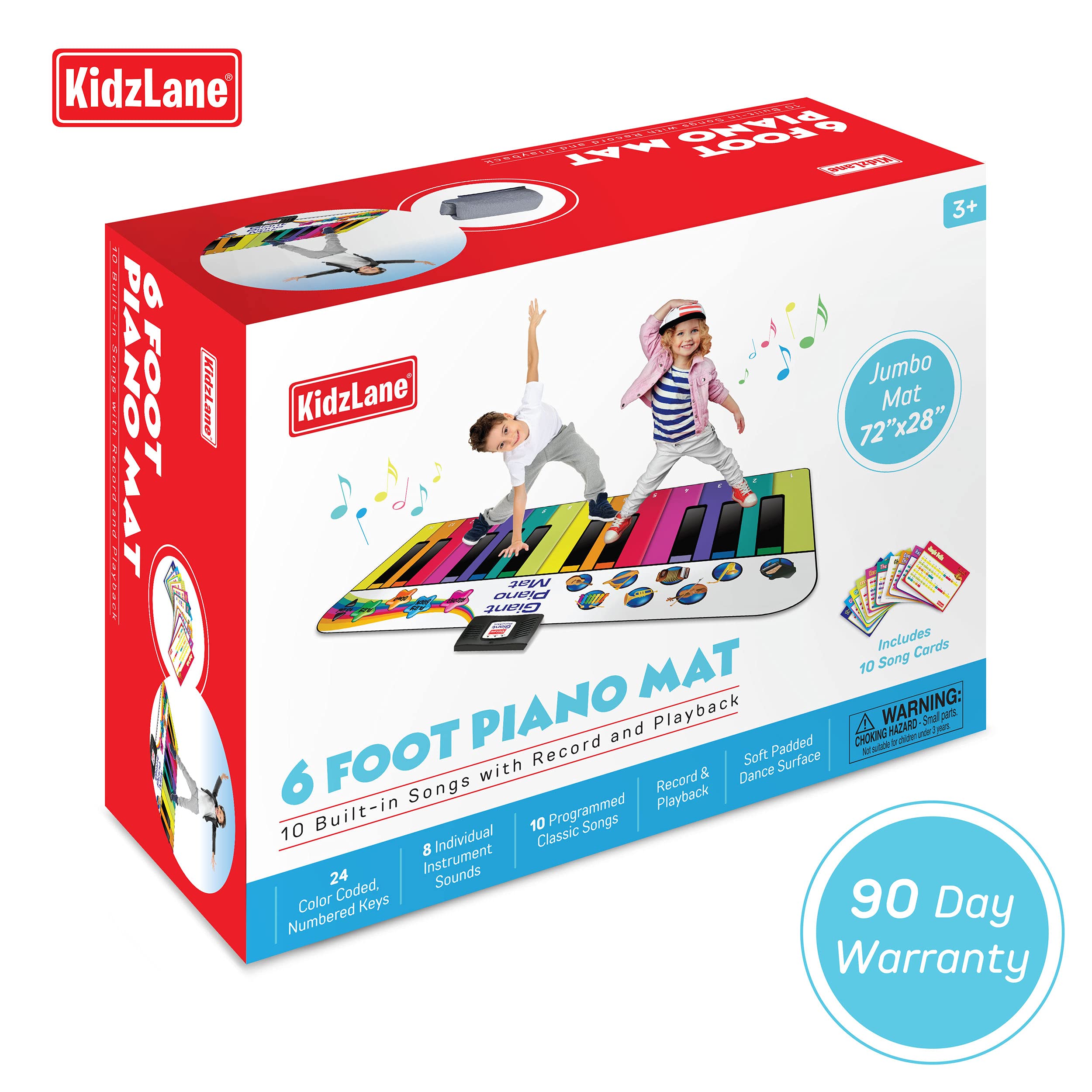 Kidzlane Floor Piano Mat for Kids and Toddlers | Giant 6 ft. Piano Mat, 24 Keys, 10 Song Cards, Built in Songs, Record & Playback, 8 Instrument Sounds | Dance Mat Toy for Boys & Girls Ages 3 Plus