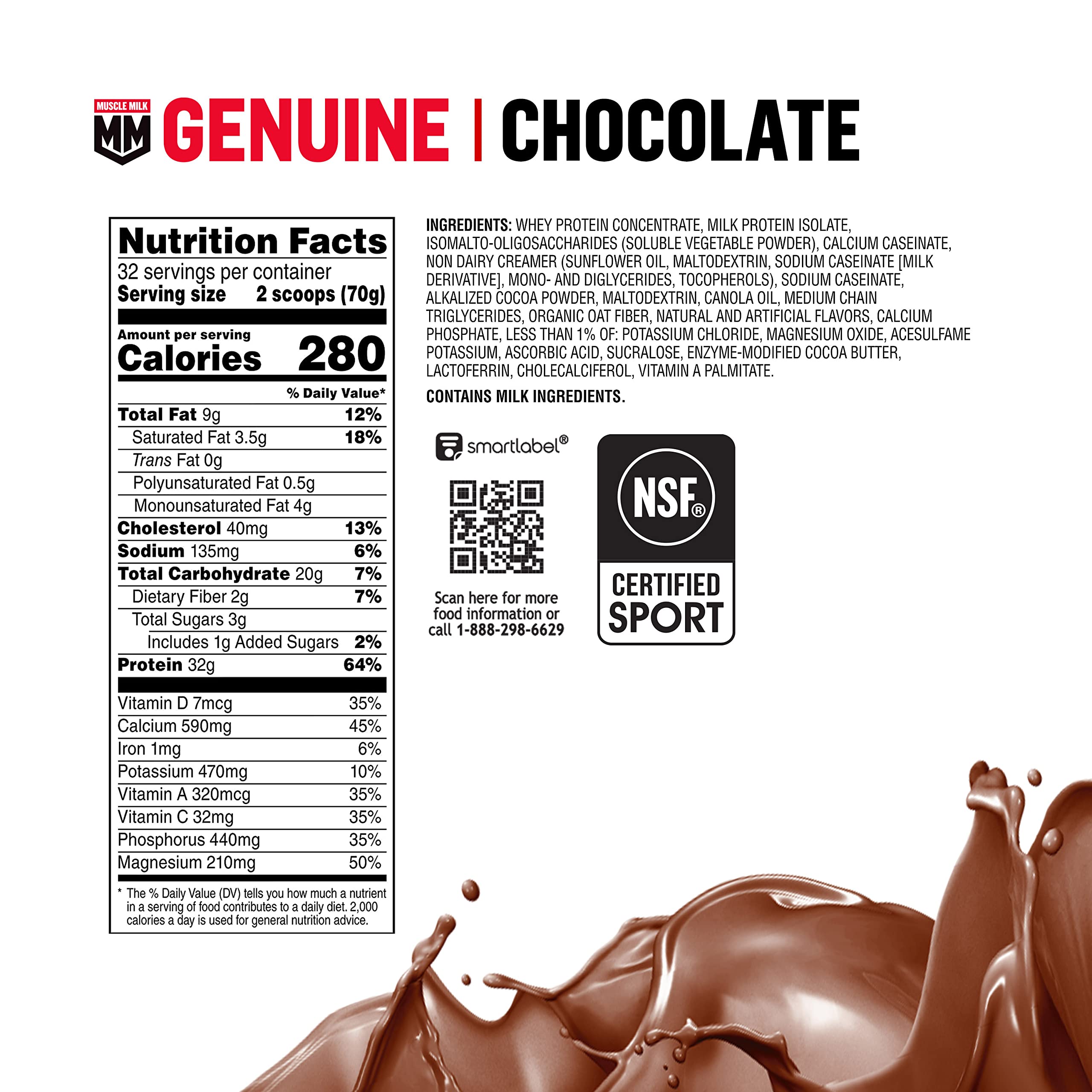 Muscle Milk Genuine Protein Powder, Chocolate, 4.94 Pound, 32 Servings, 32g Protein, 2g Sugar, Calcium, Vitamins A, C & D, NSF Certified for Sport, Energizing Snack, Packaging May Vary