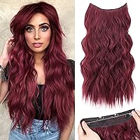 NANNAN Burgundy Long Wavy Invisible Wire Hair Extensions with Transparent Headband Adjustable Size Removable 4 Secure Clips Long Synthetic Secret Hairpieces 20” for Women