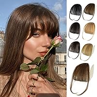 100% Human Hair Bangs Clip in Hair Extensions, Medium Brown Clip on Bangs Wispy Bangs Fringe with Temples Hairpieces for Women Curved Bangs for Daily Wear