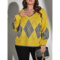 Women's Sweaters Plus Argyle Pattern Drop Shoulder Sweater Women for Sweaters (Color : Yellow, Size : XX-Large)