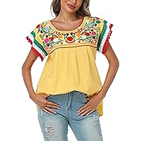 YZXDORWJ Women Mexican Embroidered Lace Traditional Colorful Blouse Tricolor Top Mexican Independence Day Shirt
