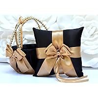 Flower Girl Basket and Ring Bearer Pillow Set in Black and Gold Color
