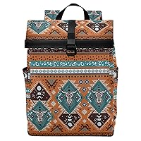 ALAZA Indian Tribal Aztec Ornament Geometric Pattern with Skulls Backpack Roll-Top Daypack Laptop Work Travel College Bag for Men Women Fits 15.6 Inch Laptop