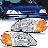 Headlight Assembly Compatible with 1996 1997 1998 Honda Civic Headlamps Replacement Chrome Housing Amber Reflector Upgraded Clear Lens Driver and Passenger Side, 2 Years Warranty
