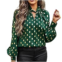 Women's Long Lantern Sleeve Shirts Cutout Keyhole Neck Solid Casual Blouses Fashion Polka Dots Dressy Tunic Tops