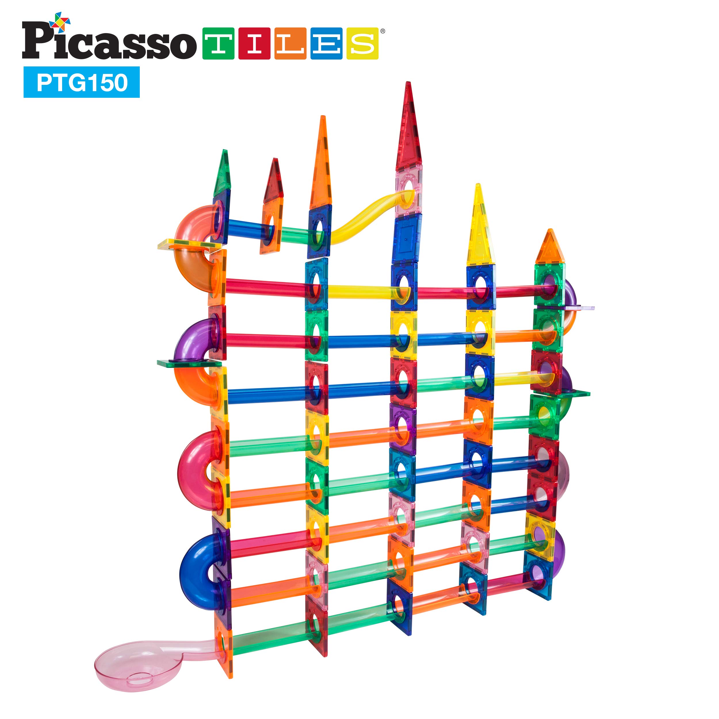 PicassoTiles Marble Run 150-Piece Magnetic Tile Race Track Toy Play Set STEM Building & Learning Educational Magnet Construction Kit Child Brain Development Toys Boys Girls Age 3 4 5 6 7 8+ Years Old