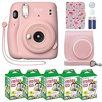 Instax Mini 11 Instant Camera Blush Pink + Custom Case + Fuji Instax Film Value Pack (50 Sheets) Flamingo Designer Photo Album for Photos