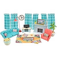 Honey Bee Acres Cozy Living Room Décor – 28 Pieces Accessory Set | Colorful Farmhouse Doll Furniture | Pretend Play Toys for Kids