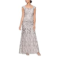 Alex Evenings Women's Petite Long Sleeveless Embroidered Fit and Flare Dress with Square Neckline