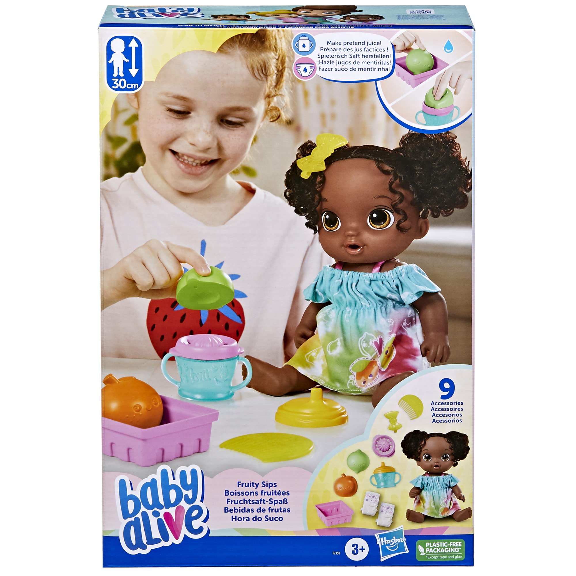 Baby Alive Fruity Sips Doll, Lime, Toys for 3 Year Old Girls, 12-inch Baby Doll Set, Drinks & Wets, Pretend Juicer, Kids 3 and Up, Black Hair
