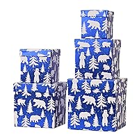 PAPER FAIR 5PCS Christmas Nesting Gift Boxes with Lid, Xmas Nested Box Set, 5 Sizes, Square Stackable, Metallic Blue White Polar Bear Paper Box Tower Décor, for Holiday Thanksgiving New Year Packaging