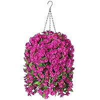 Artificial Faux Hanging Flowers Basket for Spring Outdoor Porch Decoration, Fake Silk Colorful Morning Glory Eucalyptus in Planter UV Resistant Look Real for Home Balcony Yard(Red Purple)