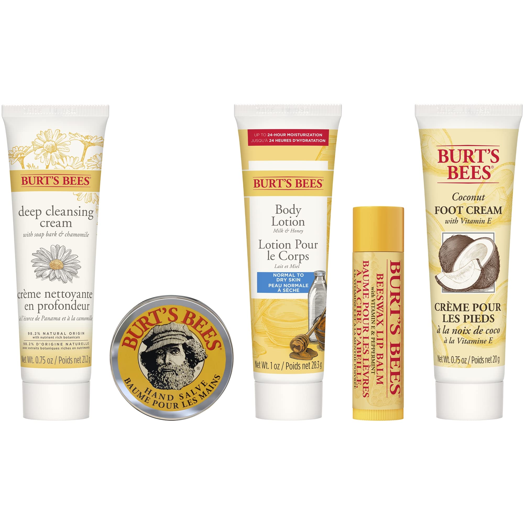 Burt's Bees Gifts Ideas, 5 Body Care Products, Everyday Essentials Set - Beeswax Lip Balm, Deep Cleansing Cream, Hand Salve, Body Lotion & Foot Cream, Travel Size