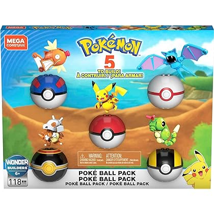 MEGA Pokémon Action Figure Building Toys Set for Kids, Poké Ball Bundle with 118 Pieces, 5 Poseable Characters Including Pikachu and More