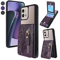 Lacass Case Wallet for Motorola Moto G Stylus 5G 2023 (NOT for 4G), Card Holder Zipper Pocket Kickstand Wallet Case (Floral Dark Purple)