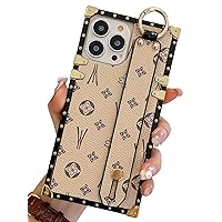 Square Leather Compatible with iPhone 14 Pro Max Case with Wristband Strap, Luxury Designer Phone Case for Women Girls, Hand Holder Kickstand Protective Bumper Case 6.7” (Beige)