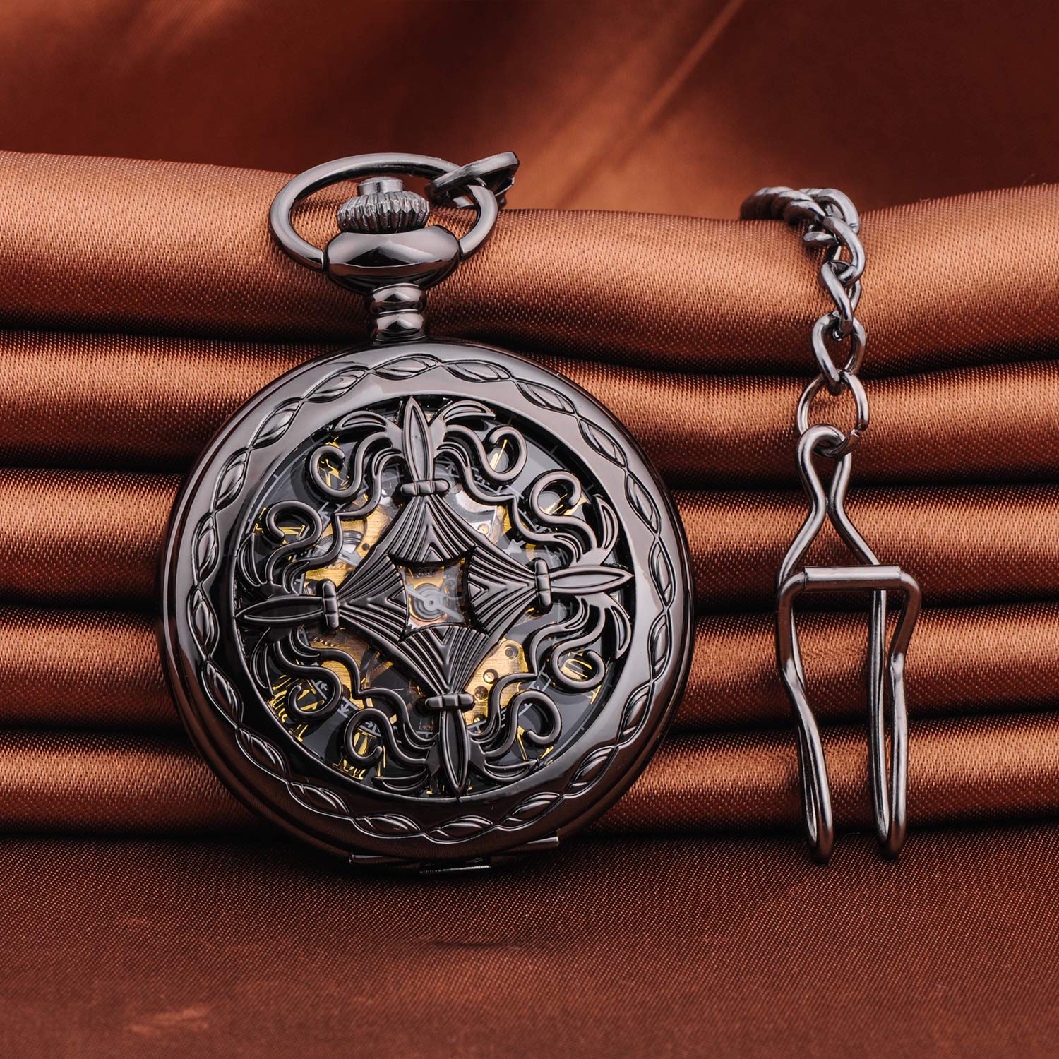 Classic Smooth Vintage Pocket Watch Black Copper Men Watch with Chain for Xmas Fathers Day Gift
