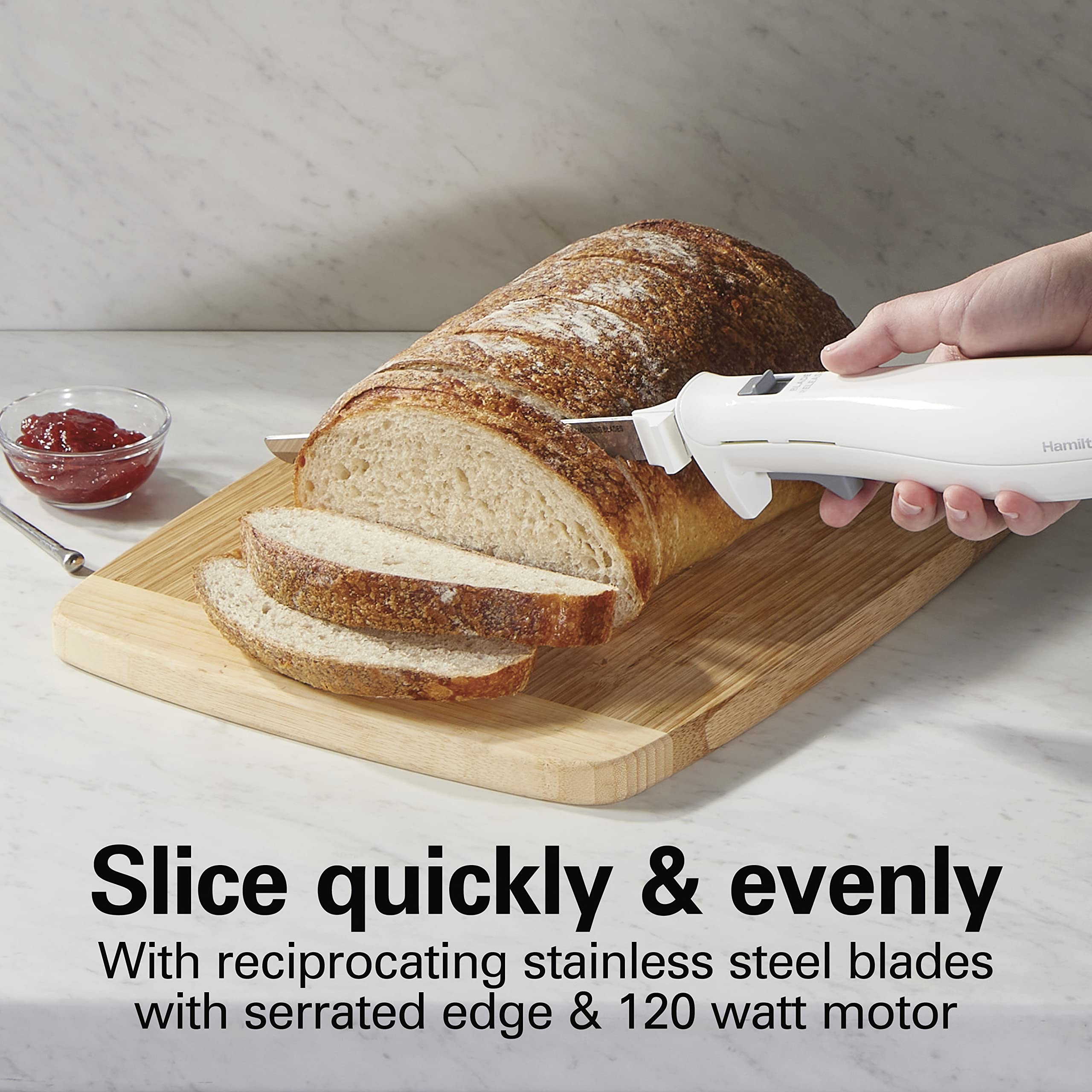 Hamilton Beach Electric Knife for Carving Meats, Poultry, Bread, Crafting Foam & More, Reciprocating Serrated Stainless Steel Blades, Ergonomic Design Storage Case + Fork Included, 5 Foot Cord, White