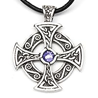 Pewter Solar Cross with Swarovski Austrian Crystal for Birthday on Leather Necklace