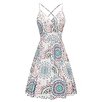 LAISHEN Women's Sundress V Neck Floral Spaghetti Strap Summer Casual Backless Swing Dress with Pocket
