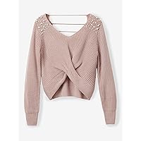 Sweaters for Women Pearls Beaded Cut Out Back Crossover Sweater (Color : Baby Pink, Size : Medium)