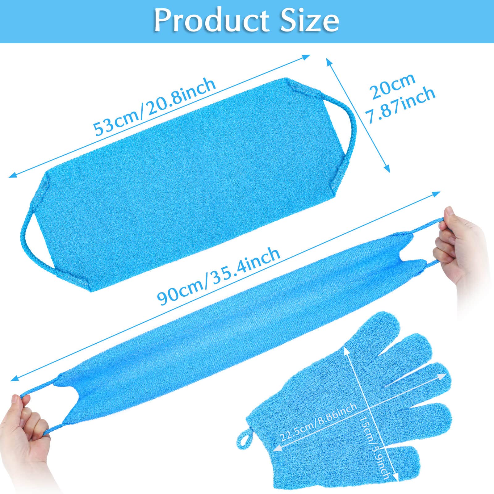 Anezus Exfoliating Back Scrubber Bath Gloves Set, Exfoliating Shower Towel with Shower Gloves for Body Scrub, Back Cleaner Wash Gloves to Remove Dead Skin (Blue)