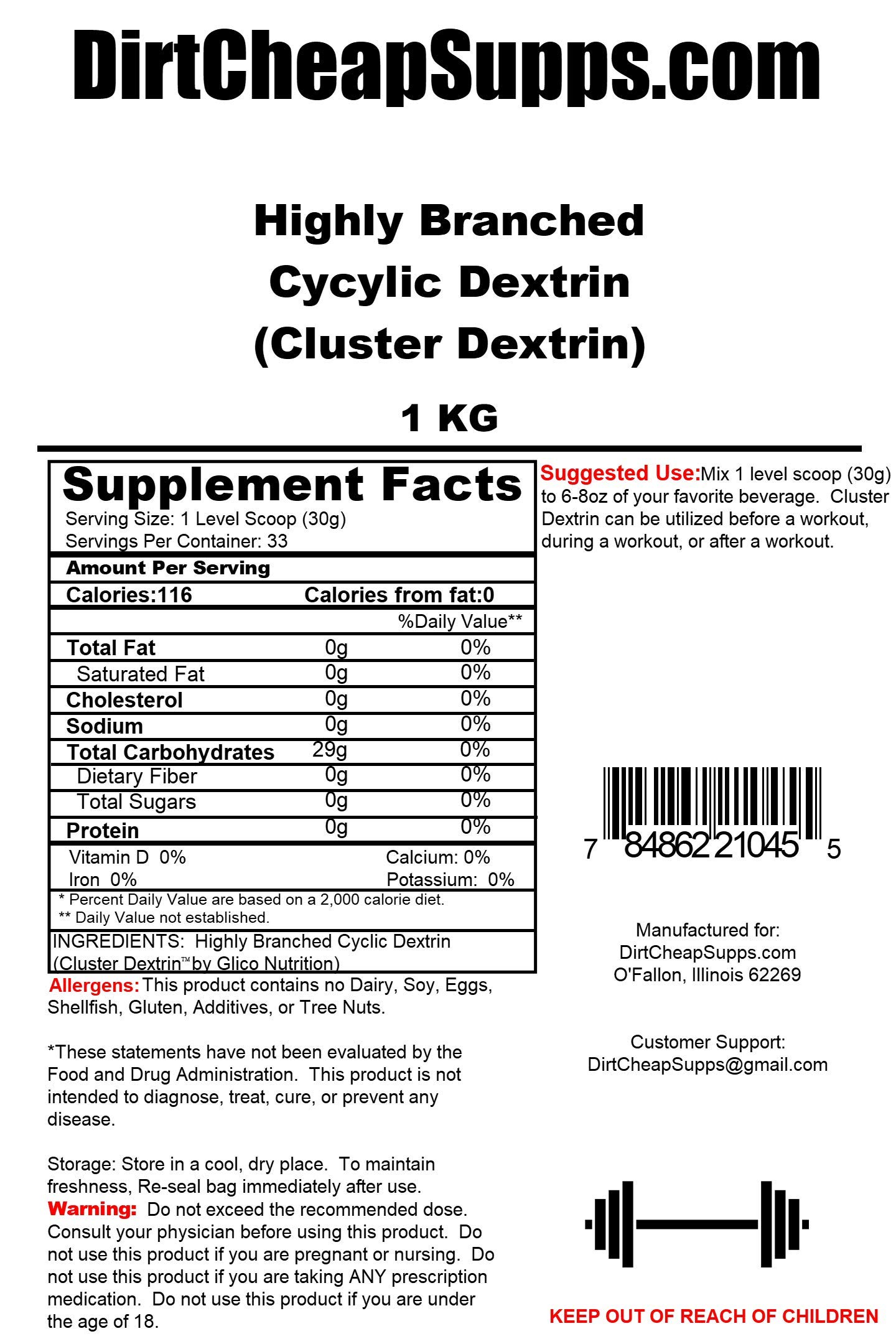 DirtCheapSupps Highly Branched Cyclic Dextrin (Cluster Dextrin) 1kg/2.2lbs (Unflavored)
